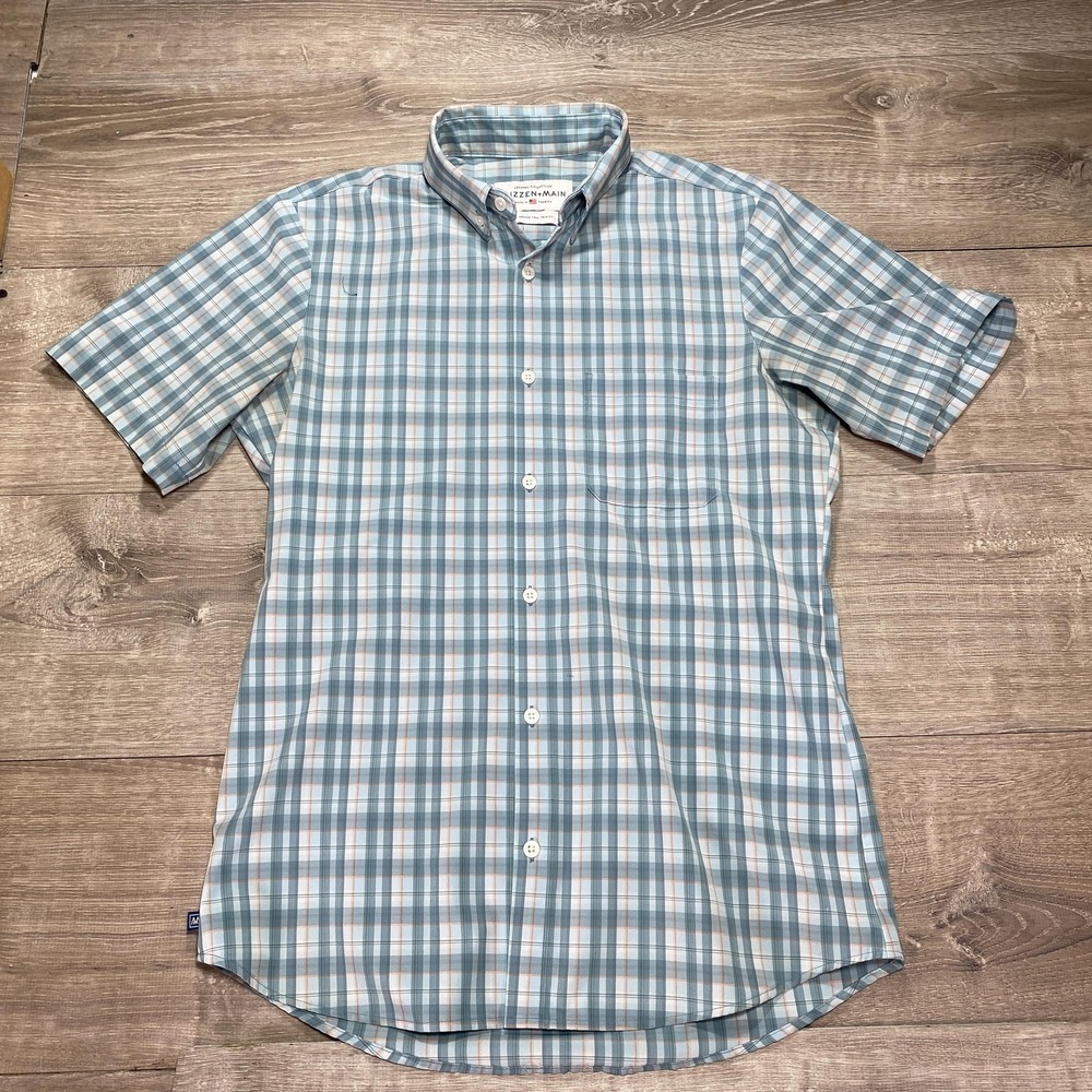 Mizzen+Main Shirt Mens Medium Tall Blue Plaid Leeward Trim Fit‎ USA